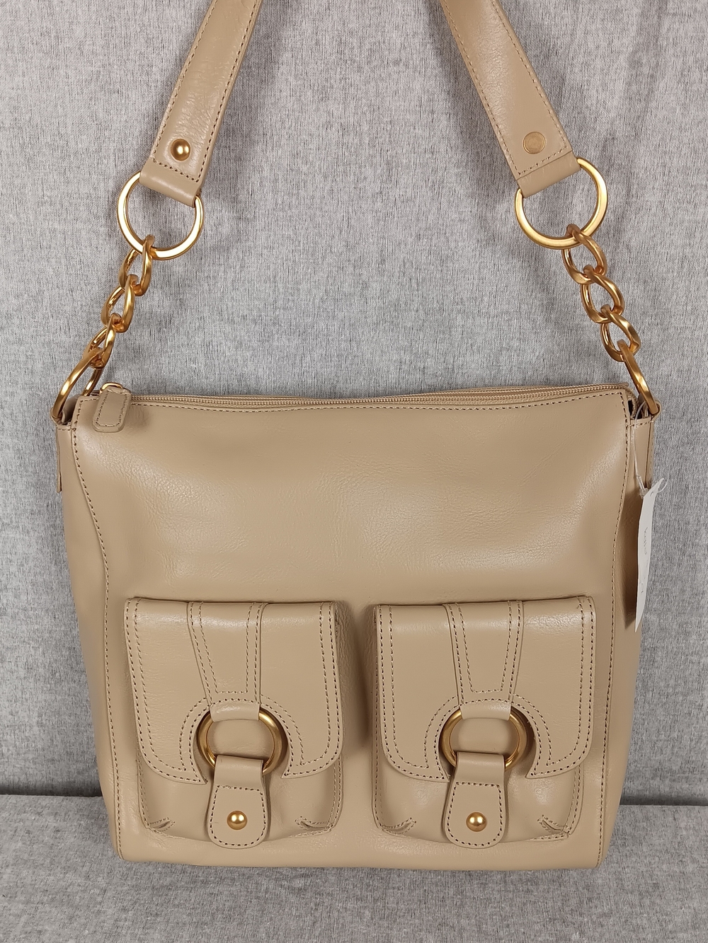 Vintage Kate Landry Cobblest Beige Leather Shoulder Bag with Gold Chain Accents